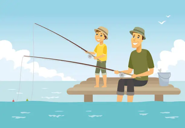 Vector illustration of Father and son fishing - cartoon people characters illustration