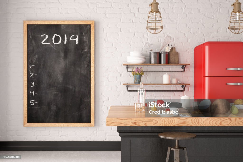 2019 To Do List on Black Board in Kitchen New year 2019 to do list on black board Kitchen Stock Photo