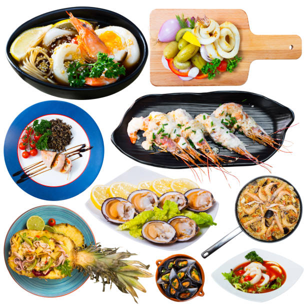 istock Plates of seafood on white background 1064909180