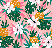 istock Floral background with tropical hawaiian flowers, leaves and pineapples. Vector seamless pattern for stylish fabric design. 1064909358