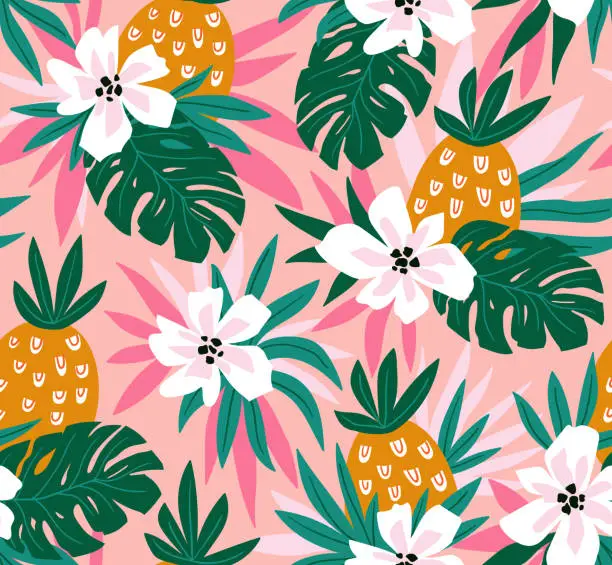 Vector illustration of Floral background with tropical hawaiian flowers, leaves and pineapples. Vector seamless pattern for stylish fabric design.