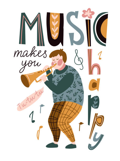 ilustraciones, imágenes clip art, dibujos animados e iconos de stock de curioso músico tocando una trompeta y letras - 'música que te hace feliz'. ilustración de vector para el festival de música.  diseño de cartel luminoso para el concierto de jazz. - 3690