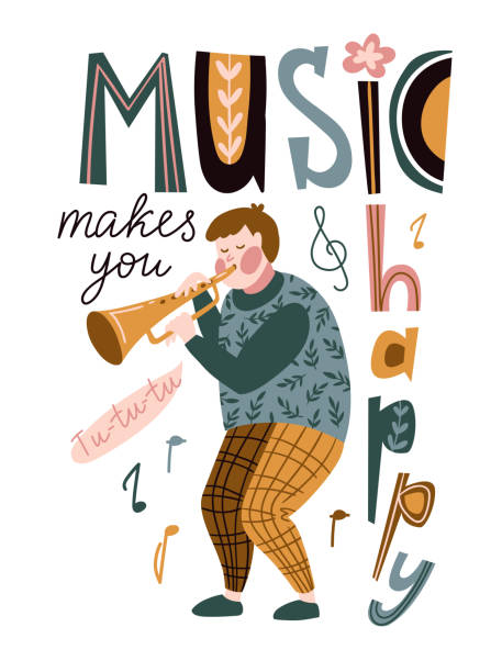 ilustrações, clipart, desenhos animados e ícones de engraçado músico tocando um trompete e letras - 'música te faz feliz'. ilustração vetorial para festival de música.  projeto de cartaz brilhante para o concerto de jazz. - 3690