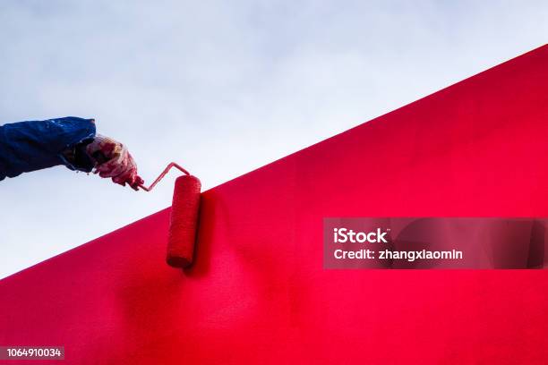 Red Latex Paint Stucco Wall Stock Photo - Download Image Now - Painting - Activity, House Painter, Paint