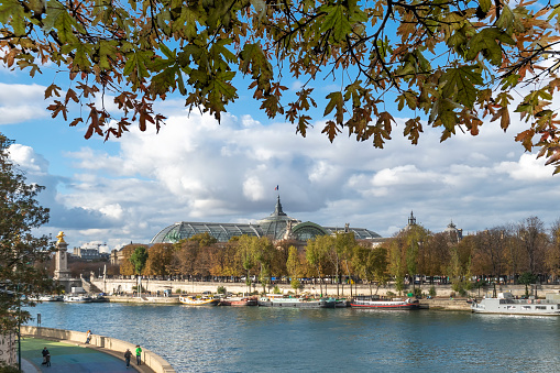 Grand Palais building view from the Seine river under a vivid blue sky of Paris