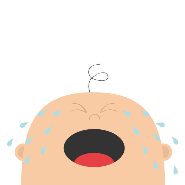 Baby Crying Tears Kid Face Looking Up Cute Cartoon Sad Character Funny Head  With Hair Eyes Nose Open Mouth Its A Boy Greeting Card Template Flat Design  White Background Isolated Stock Illustration -