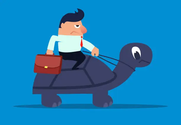 Vector illustration of Businessman riding a tortoise crawl