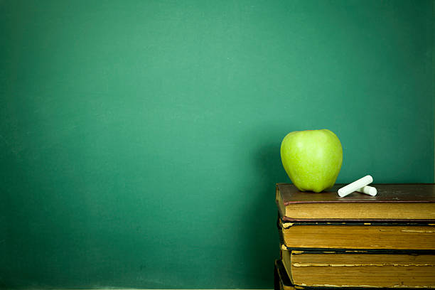 istock Green apple and chalk sitting on education books 106491527