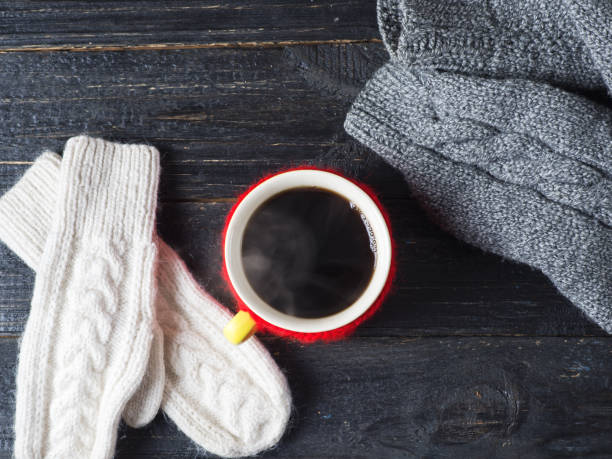 istock Coffee mug with warm winter mittens 1064917658