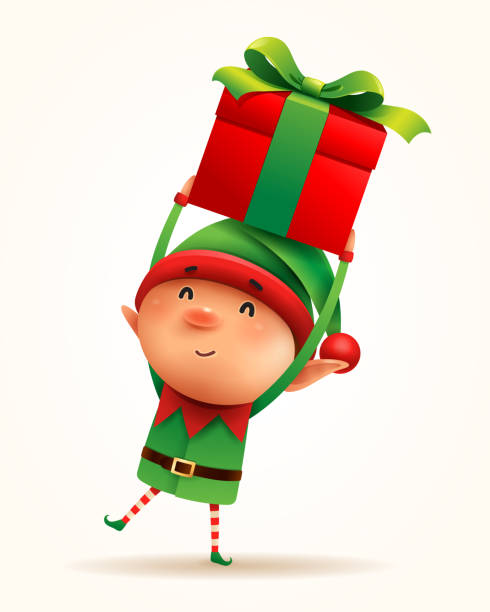 ilustraciones, imágenes clip art, dibujos animados e iconos de stock de little elf con regalo presente. aislado. - elfo