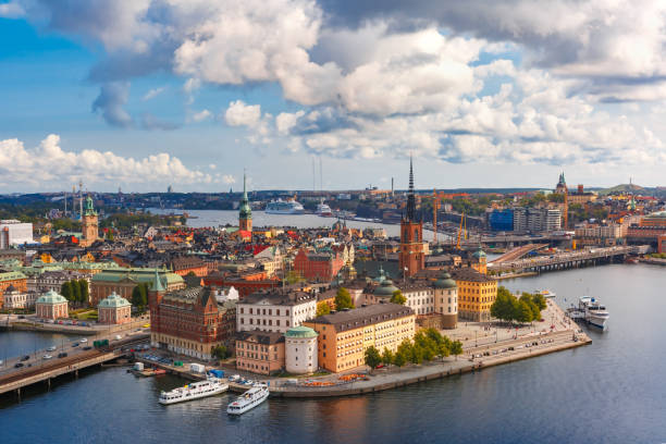 Panorama of Gamla Stan in Stockholm, Sweden Scenic summer aerial panoramic view of Gamla Stan in the Old Town in Stockholm, capital of Sweden stockholm stock pictures, royalty-free photos & images