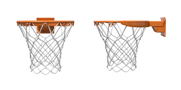 3d rendering of two basketball nets with orange hoops in front and side views. Basketball game. Scoring points. Empty net.