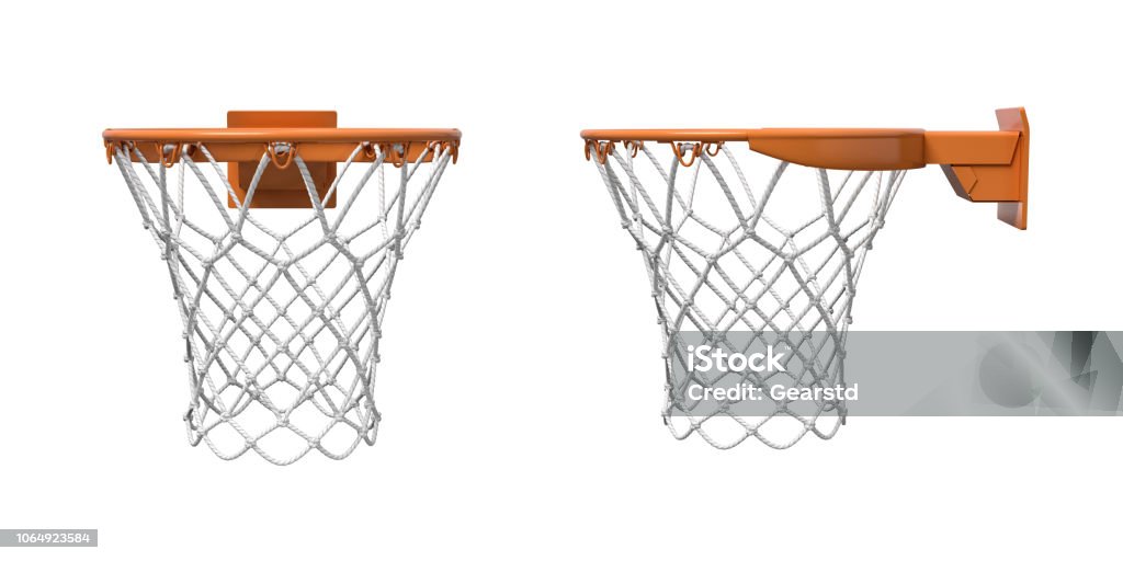 3d rendering of two basketball nets with orange hoops in front and side views. 3d rendering of two basketball nets with orange hoops in front and side views. Basketball game. Scoring points. Empty net. Basketball Hoop Stock Photo