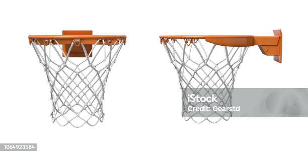 3d Rendering Of Two Basketball Nets With Orange Hoops In Front And Side Views Stock Photo - Download Image Now