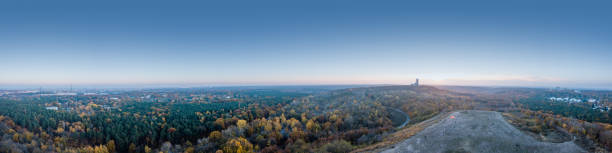 Panoramic Aerial view of Drachenberg on the Outskirts of Berlin Panoramic Aerial view of Drachenberg on the Outskirts of Berlin. In the distance sits the old NSA listening station Teufelsberg which was part of the ECHELON program during the cold war for spying on the Soviets. grunewald berlin stock pictures, royalty-free photos & images
