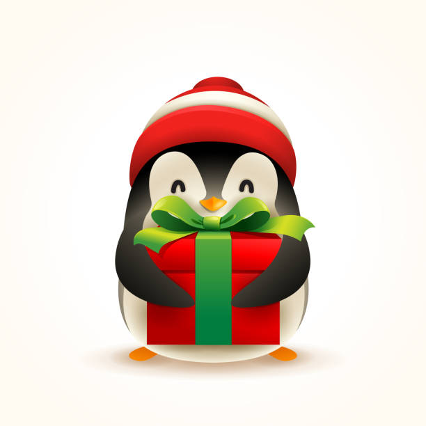 istock Christmas Cute Little Penguin with Santa’s Cap and Gift Present. 1064936296