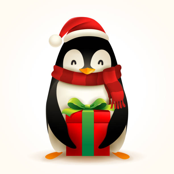 istock Christmas Penguin with Santa’s Cap, Red Scarf and Gift Present. 1064936302