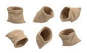 3d rendering of six open hessian money bags flying on a white background with nothing inside.