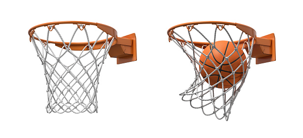 3d rendering of two basketball nets with orange hoops, one empty and one with a ball falling inside. Basketball score. Ball game. Empty and full hoop.