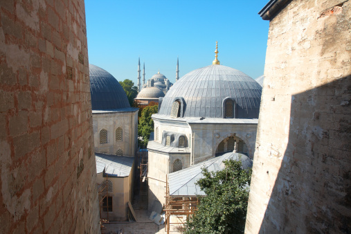 Konya, Turkey- May 13, 2022: Mevlana Mosque and Museum in Konya, Turkey.The ‘Neyzens cemetery' in the garden of Mevlana Mosque
