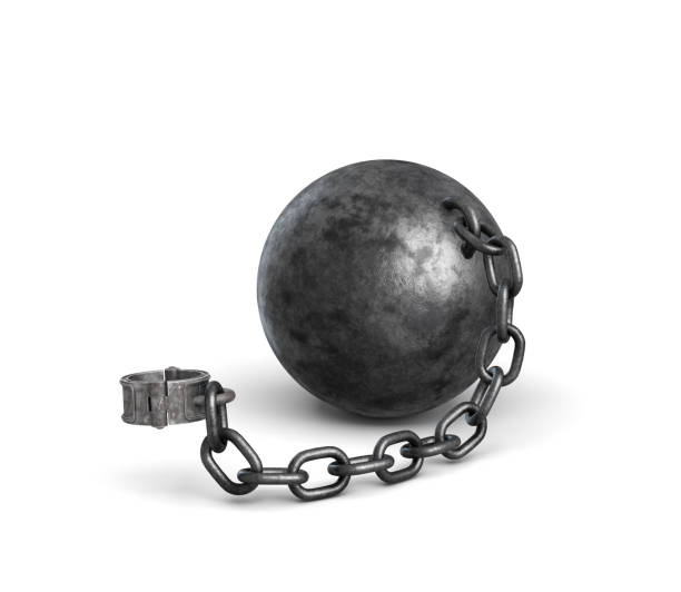 render 3d de una mentira bola de hierro unida a un grillete con una cadena fuerte. - chain and ball fotografías e imágenes de stock