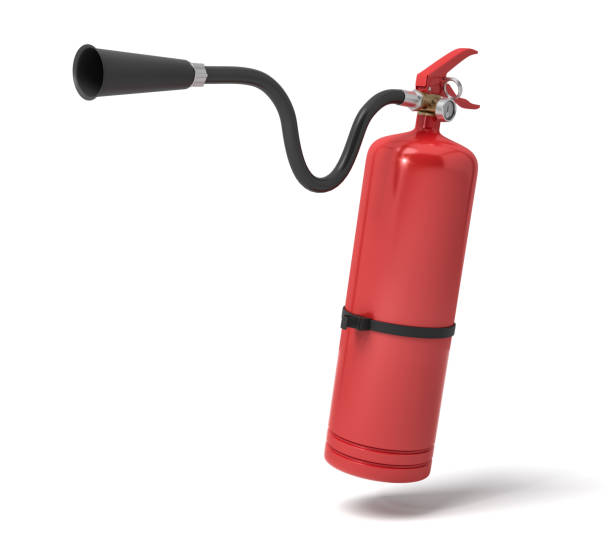 istock 3d rendering of a single red fire extinguisher with its hose lifted up the nozzle pointed straight. 1064948432