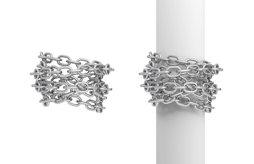 3d rendering of two pieces of steel chains, one curled around a post, and another around itself. Bound by chains. Caught and restrained. Life burdens.