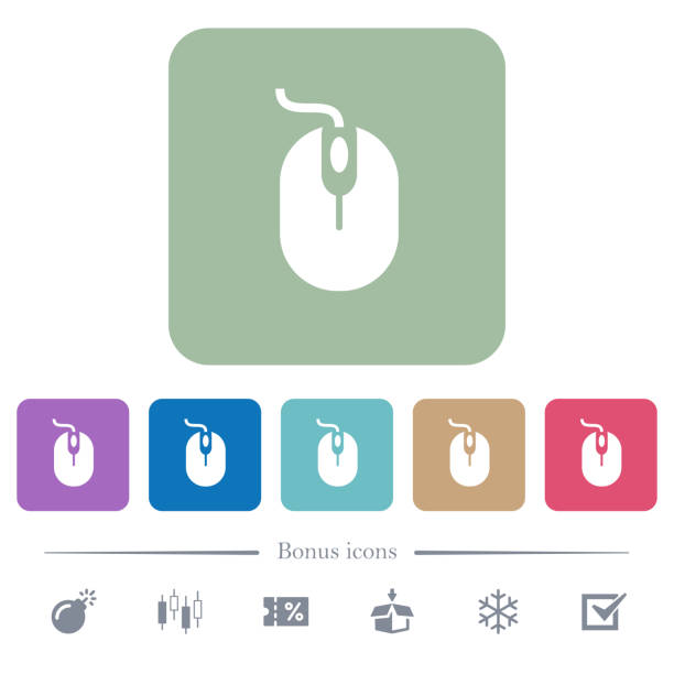 Computer mouse with cord flat icons on color rounded square backgrounds Computer mouse with cord white flat icons on color rounded square backgrounds. 6 bonus icons included infra shape stock illustrations