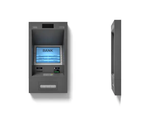 Photo of 3d rendering of a wall ATM bank machine with a blue screen isolated on white background.