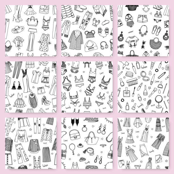 Collection of seamless patterns this hand drawn fashion clothes and accessories Collection of seamless patterns this hand drawn fashion clothes and accessories. Dresses, skirts, jeans, shirts, cosmetics and other in doodle style beauty product illustrations stock illustrations