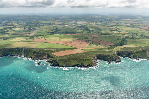 Aerial Views over the Cornish coast near Porthrearh.