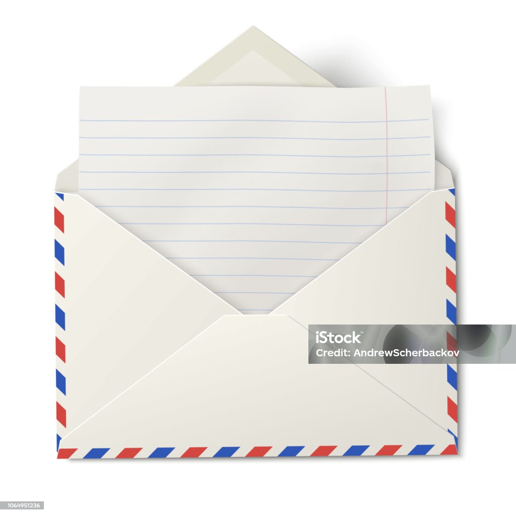 Mail Inside Opened Air Mail Envelope With White Lined Paper Inside Isolated Stock ...