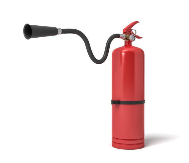 3d rendering of a single red fire extinguisher with its hose lifted up the nozzle pointed straight. Ready to put fire down. Fire fighting. Protect your home from fire.