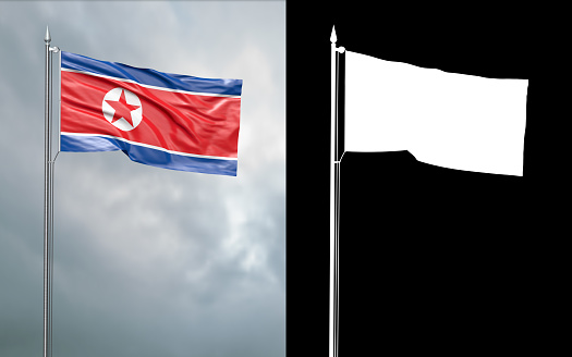 3d illustration of the state flag of the Democratic People's Republic of Korea moving in the wind at the flagpole in front of a cloudy sky with its alpha channel