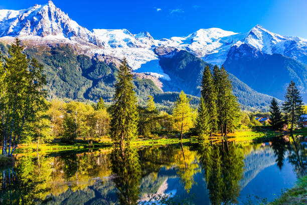 istock The lake reflected the snow-capped Alps 1064967046