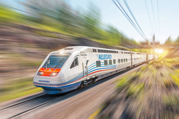high speed train allegro riding at high speed. russia, saint-petersburg 20 may 2018. - allegro imagens e fotografias de stock
