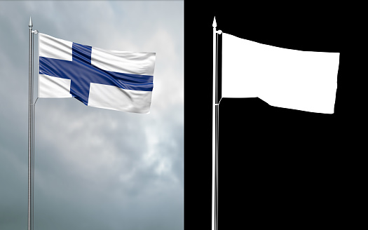 3d illustration of the state flag of the Republic of Finland moving in the wind at the flagpole in front of a cloudy sky with its alpha channel