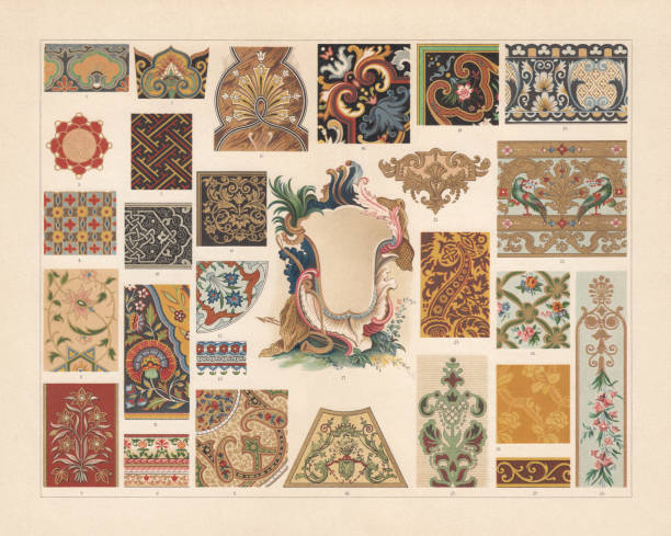 ilustrações de stock, clip art, desenhos animados e ícones de various patterns, baroque period in europe and asia, chromolithograph, 1897 - french culture illustrations