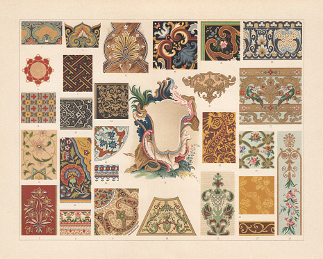 Various patterns during the Baroque period in Europe and Asia: 1 - 2) Chinese enamel painting; 3 - 4) Japanese enamel painting; 5) Japanese painting; 6 - 8) Indian manuscript ornaments; 9) Indian lacquer painting; 10) Persian Niello; 11) Persian carpet ornament; 12 - 13) Persian fayences; 14) French marquetry (18th century); 15) inlay (table top, 18th century); 16) French embroidery (17th century); 17) French cartouche (18th century); 18) Decoration painting from Versaille, France (Early 18th century); 19) French marble mosaic (17th century); 20) French fayence painting (17th century); 21) French embroidery (18th century); 22) Painted leather (France, 18th century); 23) Embroidery (17th century); 24) French porcelain painting (18th century); 25) Silk cloth (17th century); 26) Furniture upholstery fabric (at the time of Louis XVI); 27) Embroidered border (France); 28) Decoration painting (18th century). Chromolithograph, published in 1897.
