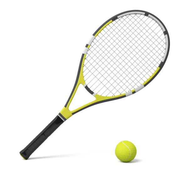 3d rendering a single tennis racquet lying with a yellow ball on white background. 3d rendering a single tennis racquet lying with a yellow ball on white background. Tennis as sport. Tennis as hobby. Tennis classes. tennis racquet stock pictures, royalty-free photos & images