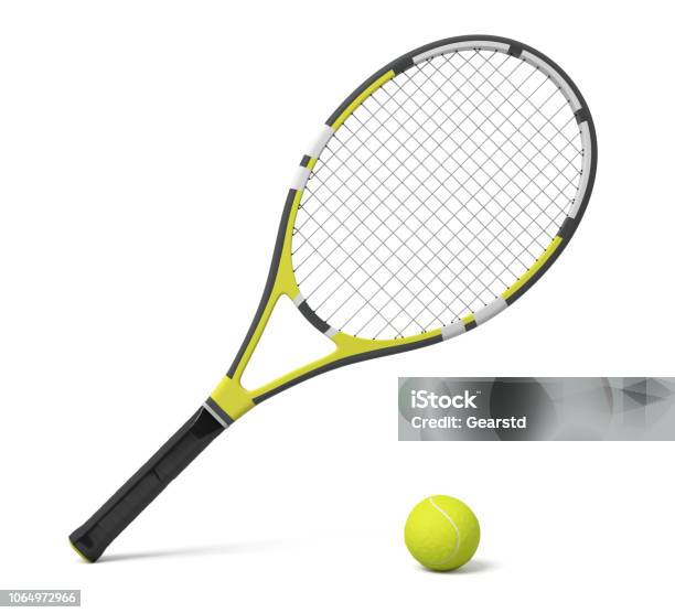 3d Rendering A Single Tennis Racquet Lying With A Yellow Ball On White Background Stock Photo - Download Image Now