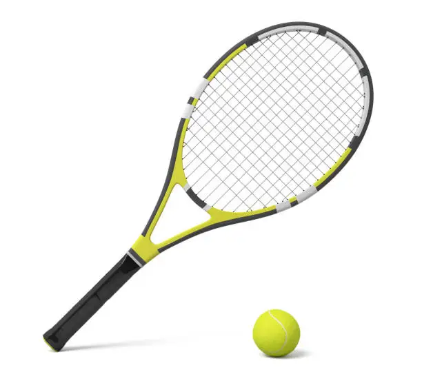 3d rendering a single tennis racquet lying with a yellow ball on white background. Tennis as sport. Tennis as hobby. Tennis classes.