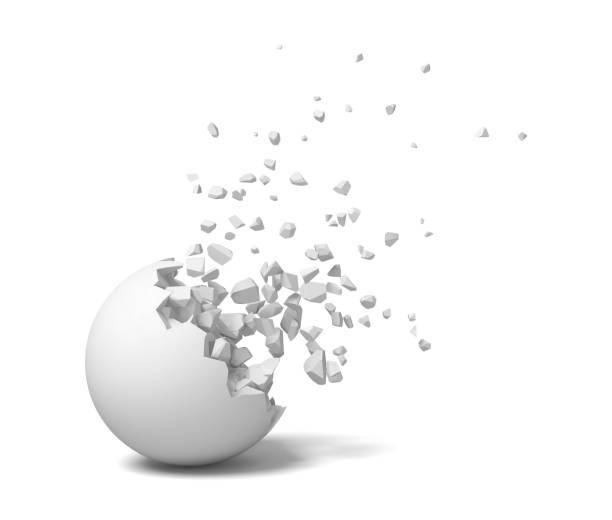 istock 3d rendering of an isolated white round ball getting deteriorated with small pieces flying up. 1064973084