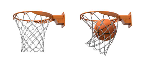 istock 3d rendering of two basketball nets with orange hoops, one empty and one with a ball falling inside. 1064973166