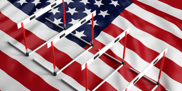 istock Hurdles on American flag background, top view, 3d illustration. 1064977310