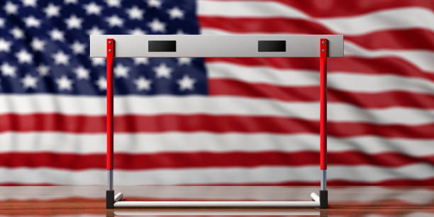istock Hurdles on American flag background, top view, 3d illustration. 1064977346