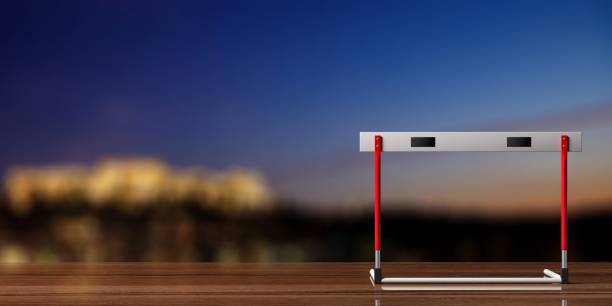 Hurdle single on blurry landscape background, copy space, 3d illustration.