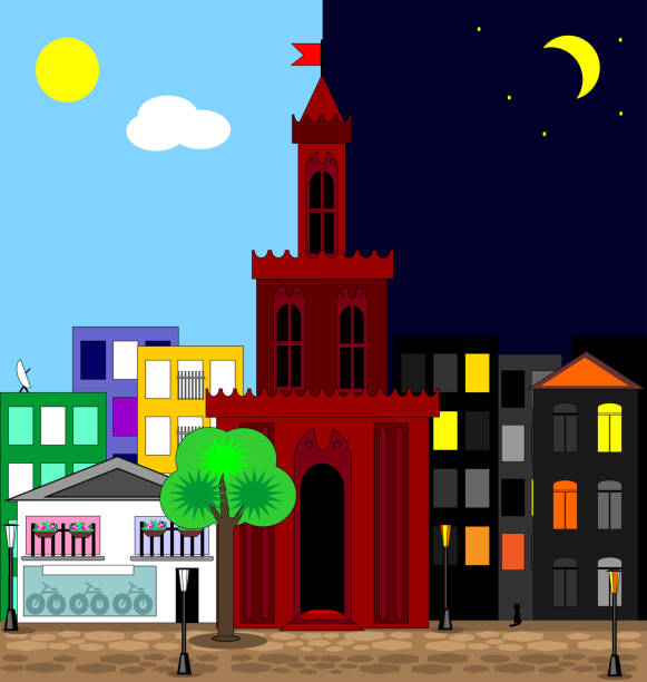 illustrazioni stock, clip art, cartoni animati e icone di tendenza di abatract immagine multicolore della città giorno e notte - noontime