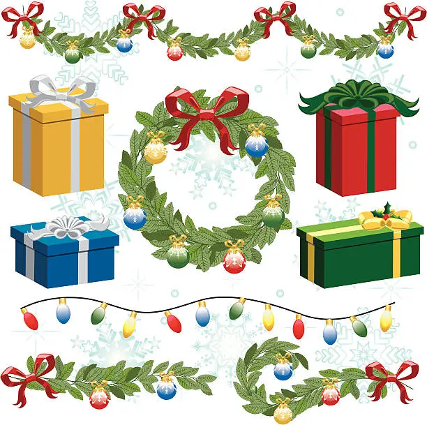 Vector illustration of Christmas Wreath, Garland, Lights, & Presents (set)