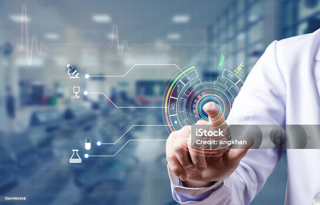 doctor scan index finger and log in for medical data base of patient doctor scan index finger and log in for medical data base of patient, futuristic medical concept Businessman Stock Photo
